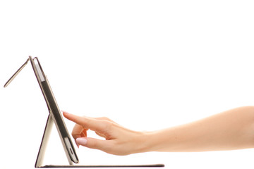 Tablet in female hands isolation