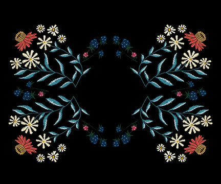 Embroidery native pattern with simplify chamomiles and blackberry. Vector embroidered traditional floral frame with flowers.
