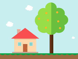 House and orange tree in gaming style vector illustration.Country home with tree and sky background.Flat home vector