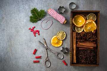 Christmas spices in wooden box