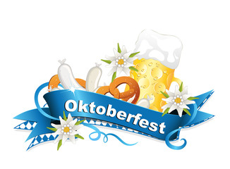 Oktoberfest Hintergrund mit Banderole in blau und mit Rautenmuster, Edelweiß, Bier, Weißwurst u. Brezel 
Vektor Illustration isoliert auf weißem Hintergrund
