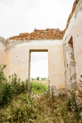 Parts of a ruined house with dramatic sky - different textures and herbs. Fisheye lens effect
