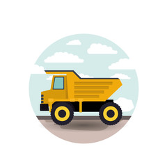 white background with circular scene city landscape and dump truck