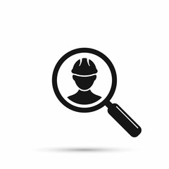 Search for builder man, employees, human resource. Search man with magnifier, vector icon