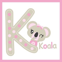 Obraz na płótnie Canvas Cute baby koala besides K alphabet vector cartoon illustration for baby shower card design, kid t shirt design, and nursery wall