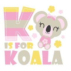 Cute baby koala with K colorful alphabet vector cartoon illustration for baby shower card design, kid t shirt design, and wallpaper © Humairiah