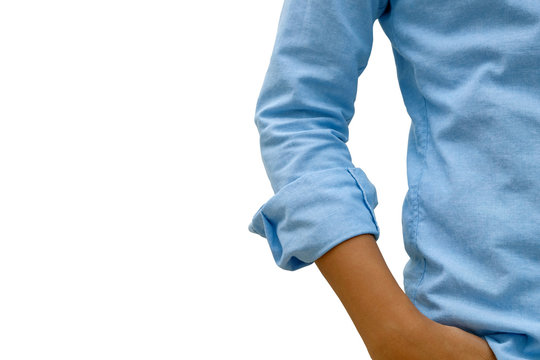 Close-up A Half Body Part And Front View Of A Asian Businessman, He Is Standing And Using A Right Hand Pickpocket Pants, Isolated On White Background