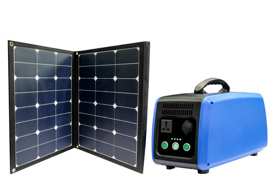 Solar Panel and battery in a portable size for use outdoors, including a trip in the forest or in a place where there is no electricity available. isolated on white background