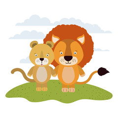 Obraz na płótnie Canvas white background with color scene couple cute lion and lioness animals in grass