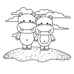 white background with silhouette scene couple cute hippopotamus animals in grass