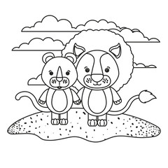 white background with silhouette scene couple cute lion and lioness animals in grass