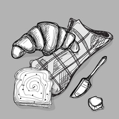 food jam jar bread Croissant knife butter drawing graphic illustrate objects