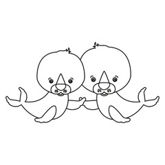 white background with silhouette caricature couple cute animal seals aquatic