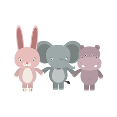 white background with colorful caricature rabbit elephant and hippopotamus cute animals holding hands