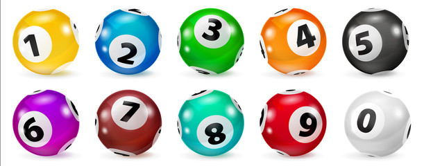 Illustration Colorful Bingo. Lottery Number Balls. Colored balls isolated. Bingo ball. Bingo balls with numbers. Set of colored balls. Realistic Illustration. Lotto concept.