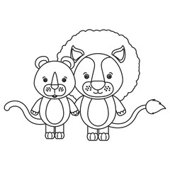 white background with silhouette caricature couple cute lion and lioness animals