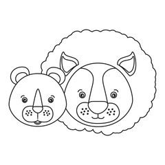 white background with silhouette caricature face couple cute lion and lioness animals