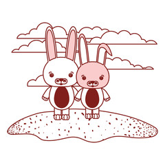 white background with red color silhouette sections of scene cute rabbits animals in grass