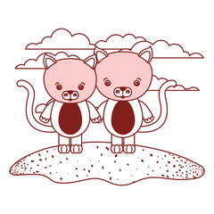 white background with red color silhouette sections of scene couple cute cats animals in grass