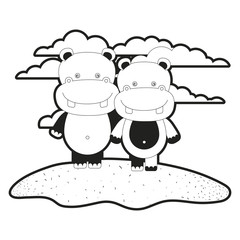 sketch silhouette monochrome scene couple cute hippopotamus animals in grass