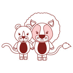 white background with red color silhouette sections of caricature couple cute lion and lioness animals