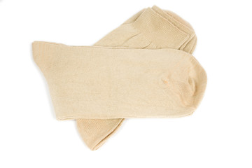two pair beige mens socks on white background