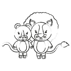 blurred silhouette caricature couple cute lion and lioness animals