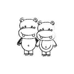 Naklejka premium blurred silhouette caricature couple cute animal hippopotamus