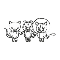 blurred silhouette caricature cat tiger and lion cute animals holding hand