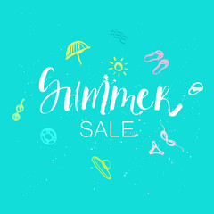 Summer sale lettering on blue background with doodle drawings.