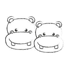 blurred silhouette caricature face couple cute animal hippopotamus