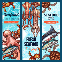 Obraz premium Seafood and fish market banner set with sea animal
