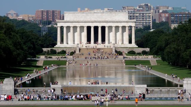 WASHINGTON, D.C. - Circa August, 2017 - A sunny daytime extreme long shot of tourists visiting the Lincoln Memorial on the Washington Mall. Shot in 5K.	 	