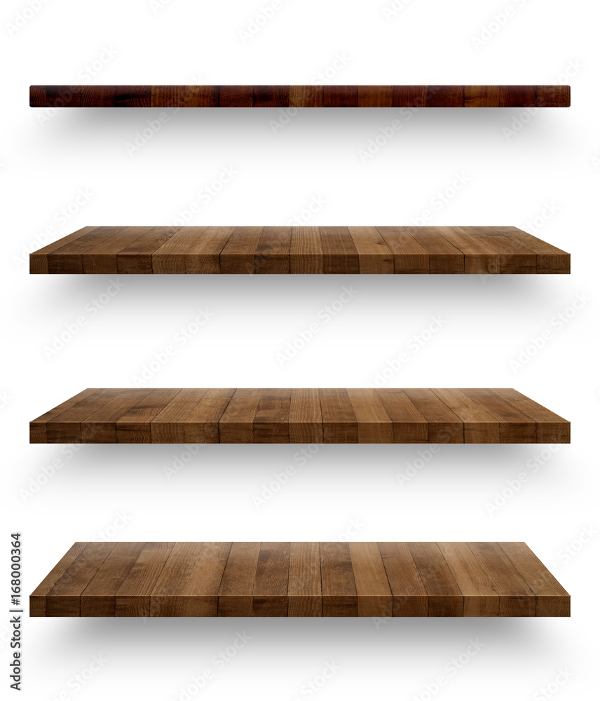 Wall mural wooden shelf template set isolated on white background with clipping path