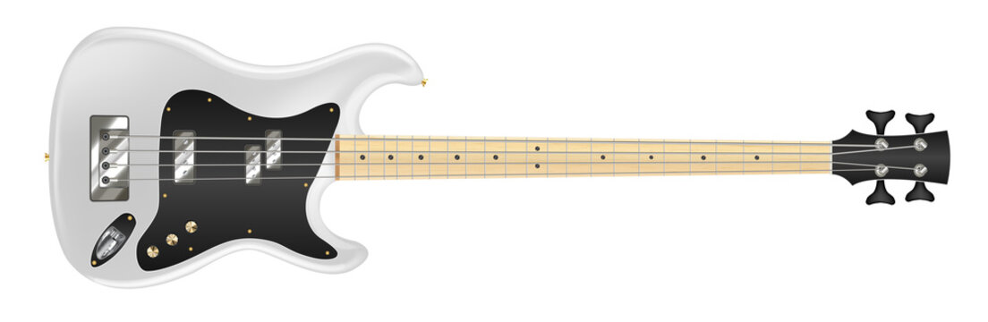 white electric bass guitar on white background