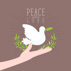 brown color poster with sparks and hand holding a pigeon with olive branch in peak with decorative half crown of leaves and text peace a lots of love with linear brightness