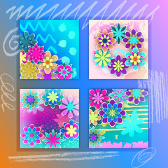 Set of Square Cards with Colorful Paper Flowers