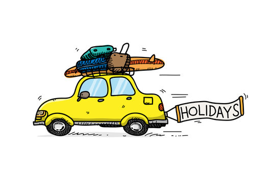 Yellow Car on a Summer Holiday Vacation, a hand drawn vector cartoon illustration of a car going for beach vacation.