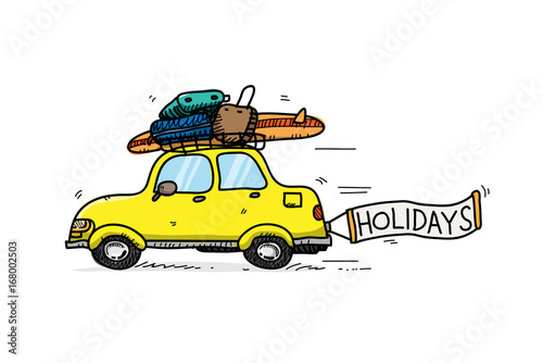 Download "Yellow Car on a Summer Holiday Vacation, a hand drawn ...