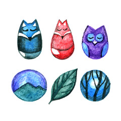 Watercolour pencil illustration set of cute animals. Fox, wolf and owl. Tree mountains design logo