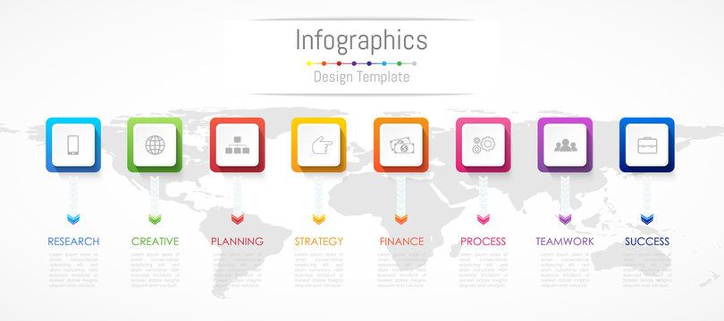 Infographic design elements for your business data with 8 options, parts, steps, timelines or processes. Vector Illustration. World map of this image furnished by NASA