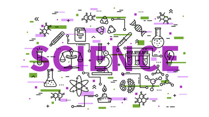 Science line art vector illustration with colorful elements. Physics, chemistry, biology elements (microscope, test-tube, book, dna chain, molecule, etc) graphic design.
