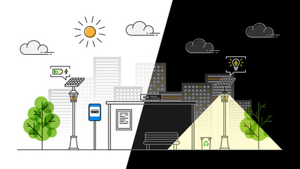 Sun energy sidewalk day and night vector illustration. Urban streetlight with solar panel to generate electricity line art concept. Street lantern technology on the pavement graphic design.