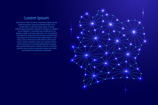 Ivory Coast map of polygonal mosaic lines network, rays and space stars of vector illustration.