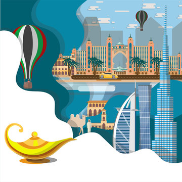 Travel infographic .Amazing  Dubai , Dubai  infographic , Aladdin lamp concept . Discover Dubai concept,paper art concept.