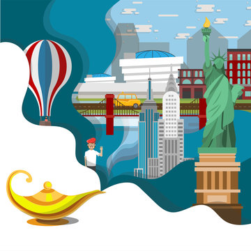 Travel infographic .Amazing  New york , USA  infographic , Aladdin  lamp concept . Discover America concept,paper art concept.