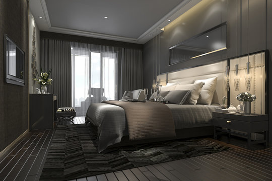 3d rendering black luxury modern bedroom suite in hotel and resort
