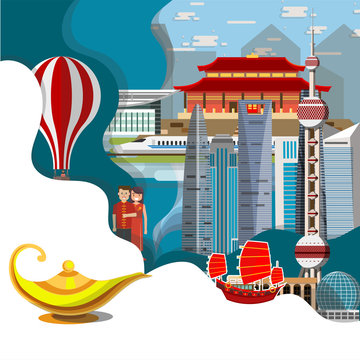 Travel infographic .Amazing Shanghai. China infographic , Aladdin lamp concept .Discover China concept,paper art concept