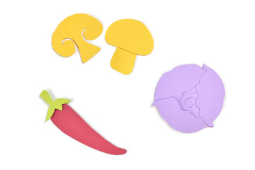 Mushroom, chill pepper and purple cabbage paper cut on white background - isolated
