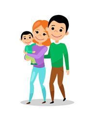 Happy family going for a walk. Mom, dad and baby. Woman with son in her arms. Vector illustration.